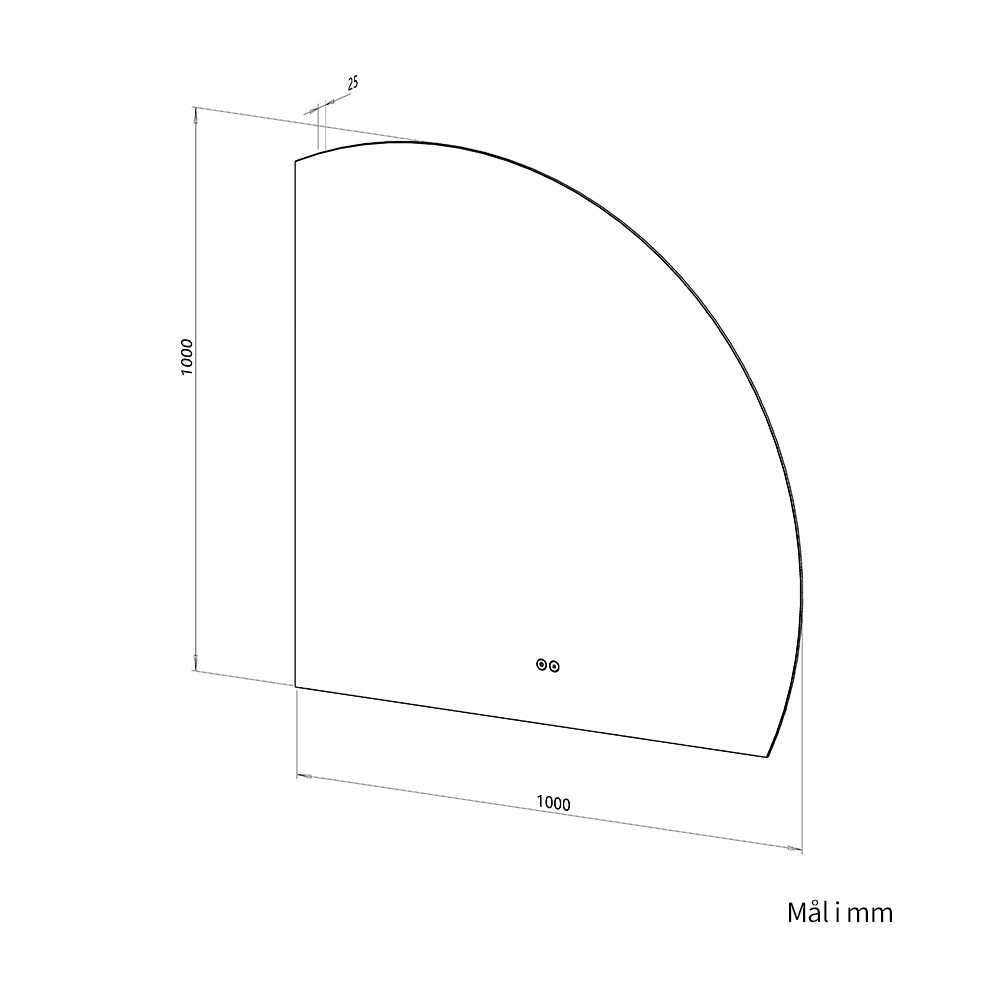 1/4 Rund spejl med LED-lys og Antidug 100x100 cm (Højrevendt)