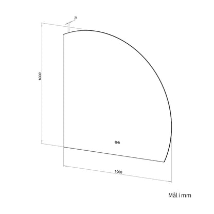 1/4 Rund spejl med LED-lys og Antidug 100x100 cm (Højrevendt)