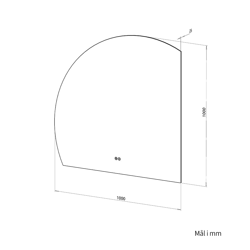 1/4 Rund spejl med LED-lys og Antidug 100x100 cm (Venstrevendt)