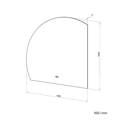 1/4 Rund spejl med LED-lys og Antidug 100x100 cm (Venstrevendt)