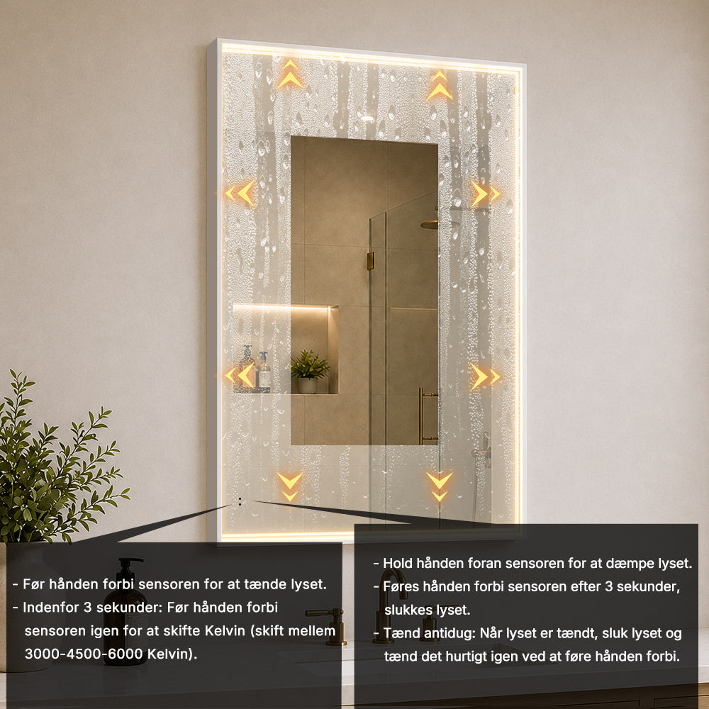 Rektangulært Spejl med LED-lys i Ramme og Antidug 80x120 cm, Hvid Ramme