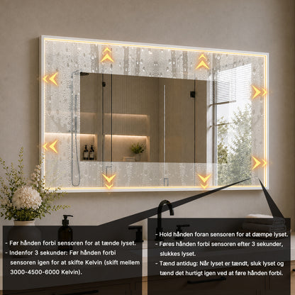 Rektangulært Spejl med LED-lys i Ramme og Antidug 120x80 cm, Hvid Ramme
