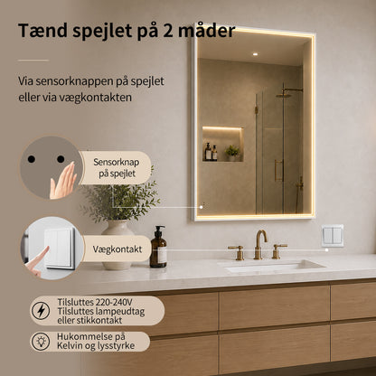 Rektangulært Spejl med LED-lys i Ramme og Antidug 80x120 cm, Hvid Ramme