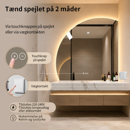1/4 Rund spejl med LED-lys og Antidug 100x100 cm (Venstrevendt)