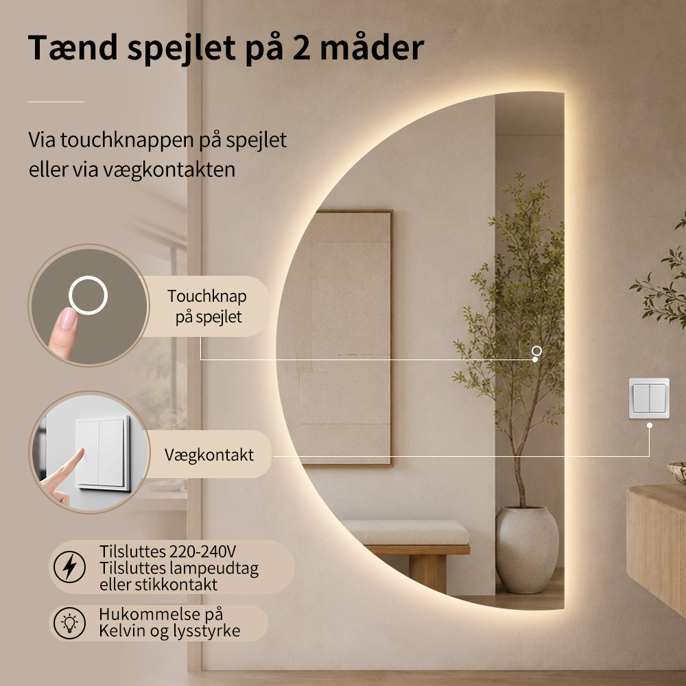 Halvcirkel spejl med LED-lys 100x180 cm (Venstrevendt)
