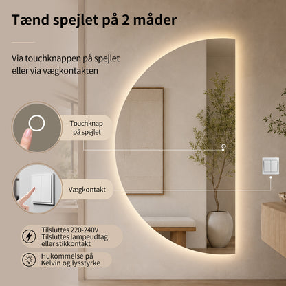 Halvcirkel spejl med LED-lys 100x180 cm (Venstrevendt)