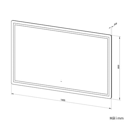 Måltegning af spejl med frontlight 140x80 cm set skråt fra siden med mål på bredde, højde og dybde