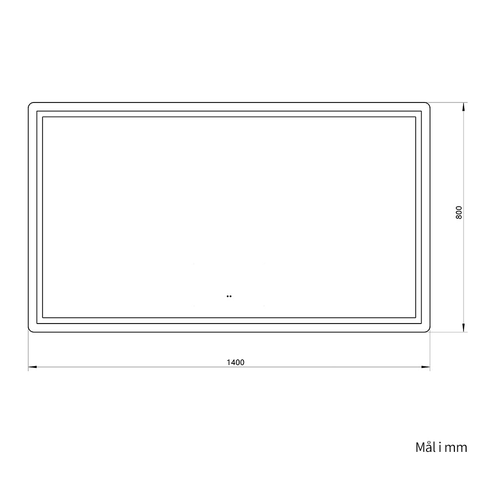Måltegning af firkantet spejl med frontlight set forfra: 1400 mm bredt og 800 mm højt
