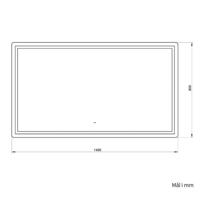Måltegning af firkantet spejl med frontlight set forfra: 1400 mm bredt og 800 mm højt