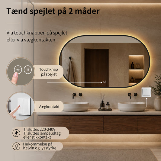 Ovalt Spejl med Lys og Antidug 140x80 cm m/sort ramme