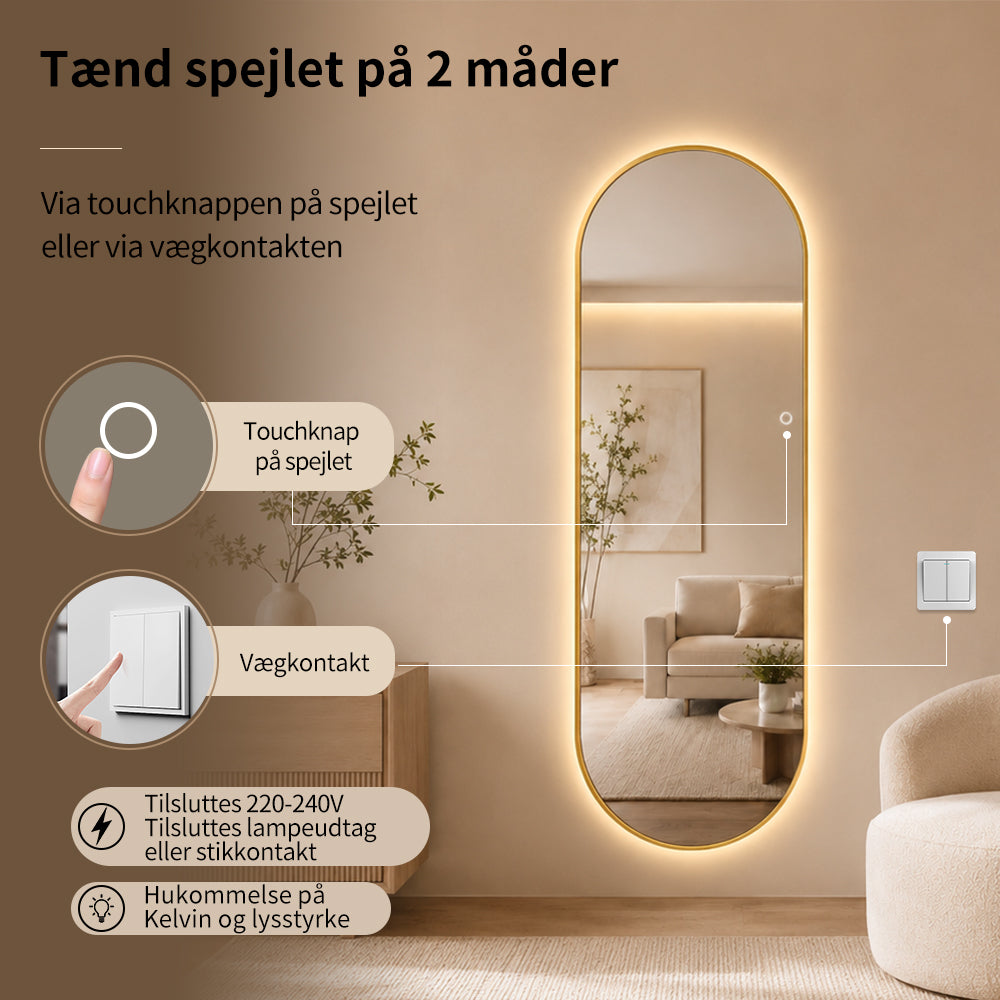 Helfigur Oval Spejl med LED-lys 60x170 cm - Guld ramme