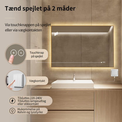 Rektangulært Spejl med LED-lys og Antidug 120x80 cm - Guld ramme 90º