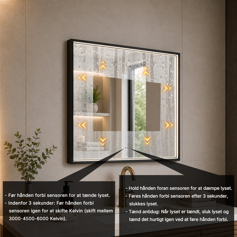 Firkantet Spejl med LED-lys i Ramme og Antidug 80x80 cm, Sort Ramme