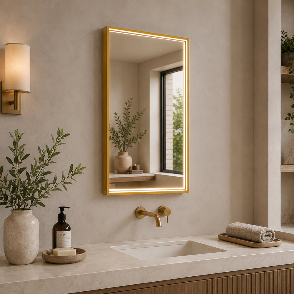 Rektangulært Spejl med LED-lys i Ramme og Antidug 50x80 cm, Guld Ramme
