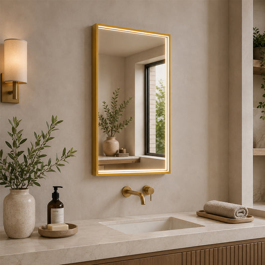 Rektangulært Spejl med LED-lys i Ramme og Antidug 50x80 cm, Guld Ramme