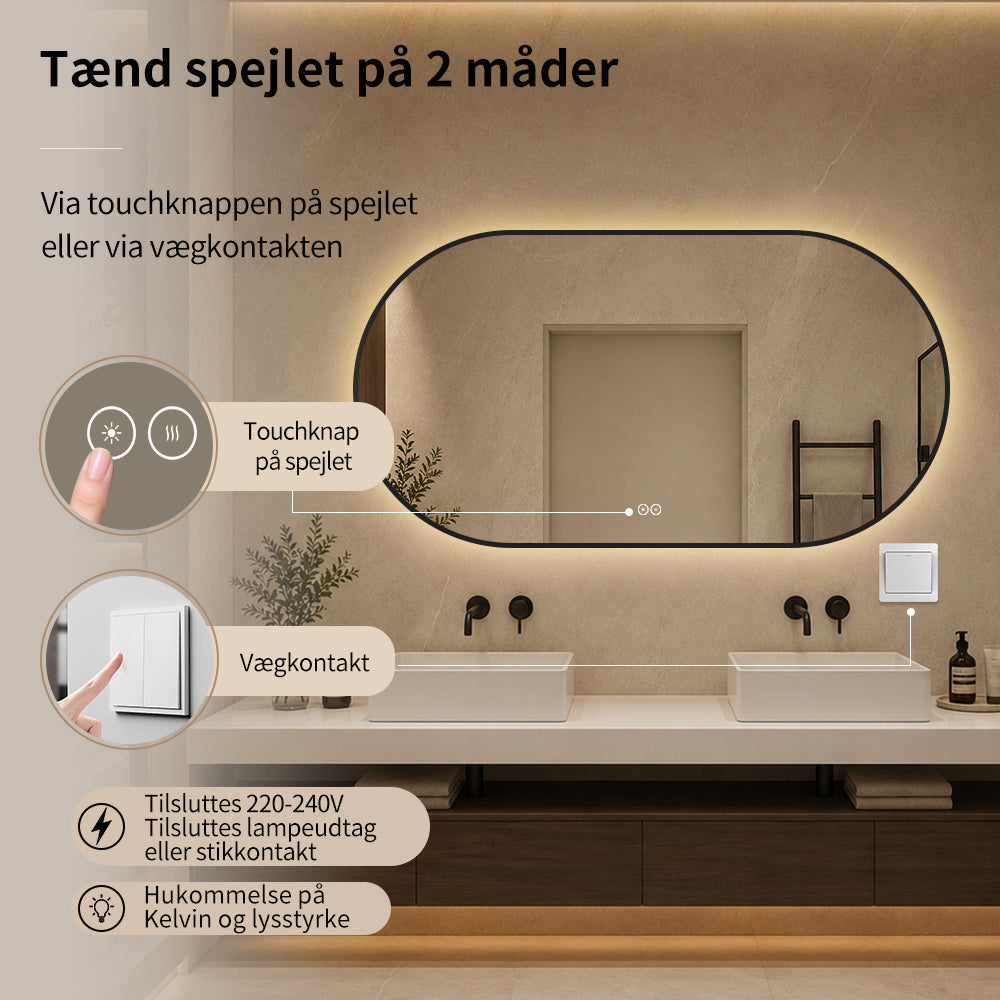 Ovalt badeværelsesspejl med sort ramme 150x80 cm tændes på touchknap eller vægkontakt, til lampeudtag eller stikkontakt