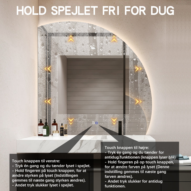 1/4 Rund spejl med LED-lys og Antidug 100x100 cm (Højrevendt)