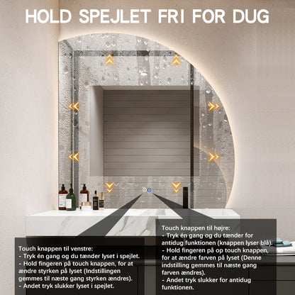 1/4 Rund spejl med LED-lys og Antidug 100x100 cm (Højrevendt)