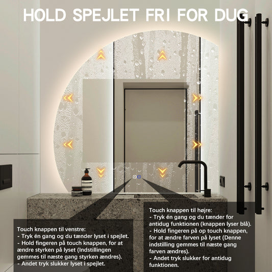1/4 Rund spejl med LED-lys og Antidug 100x100 cm (Venstrevendt)
