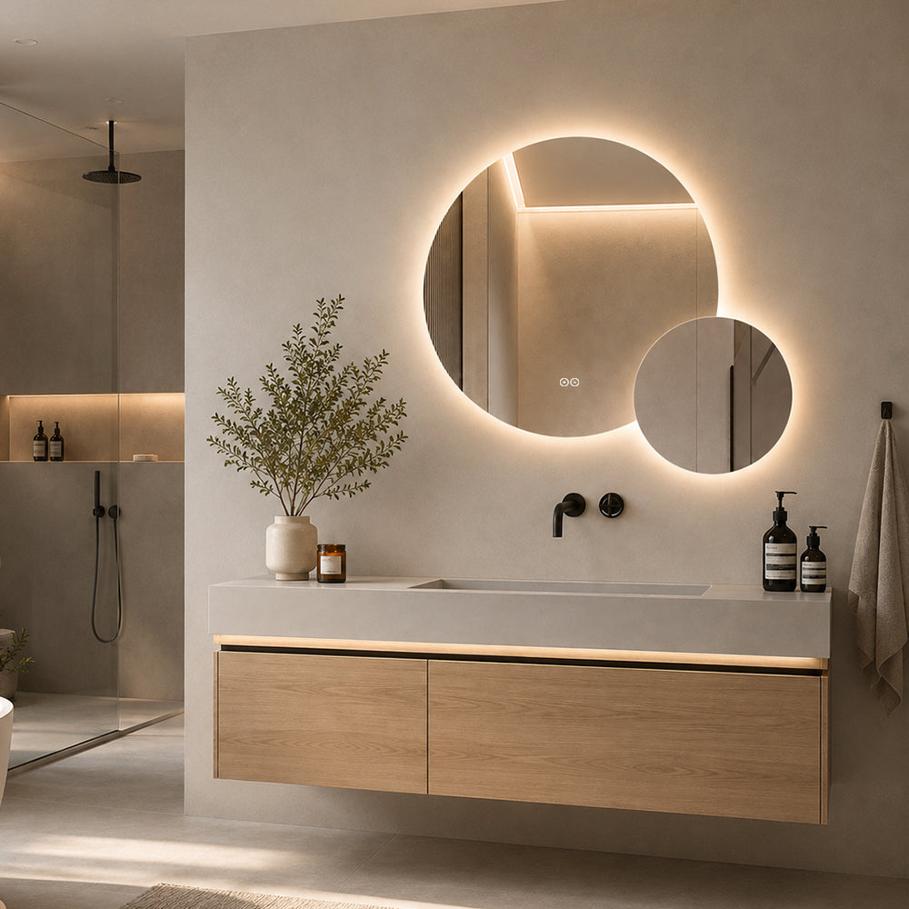 Dobbelt spejl med LED-lys og Antidug Ø80 + Ø40 cm (Venstrevendt)