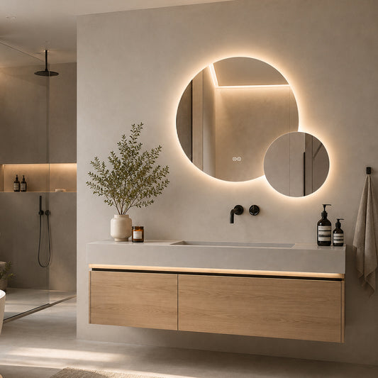 Dobbelt spejl med LED-lys og Antidug Ø80 + Ø40 cm (Venstrevendt)