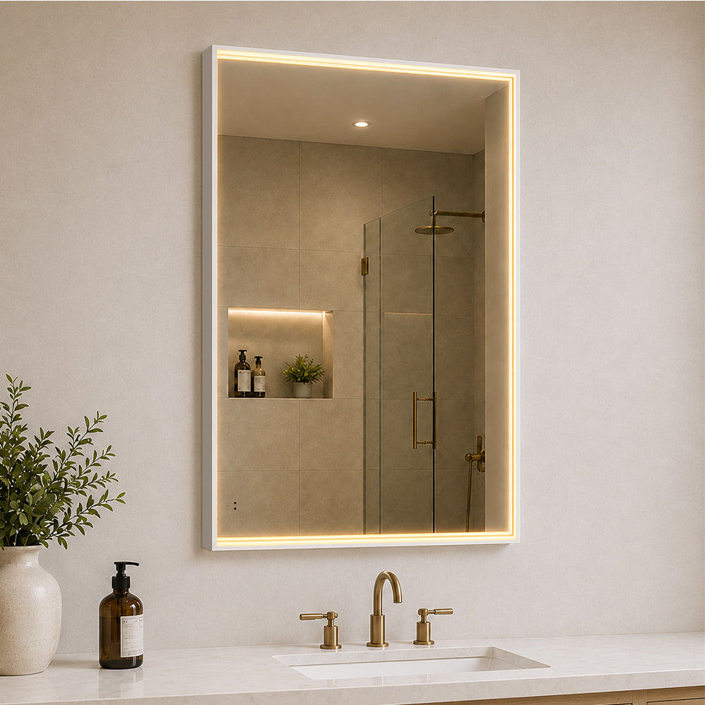 Rektangulært Spejl med LED-lys i Ramme og Antidug 80x120 cm, Hvid Ramme