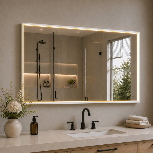 Rektangulært Spejl med LED-lys i Ramme og Antidug 120x80 cm, Hvid Ramme