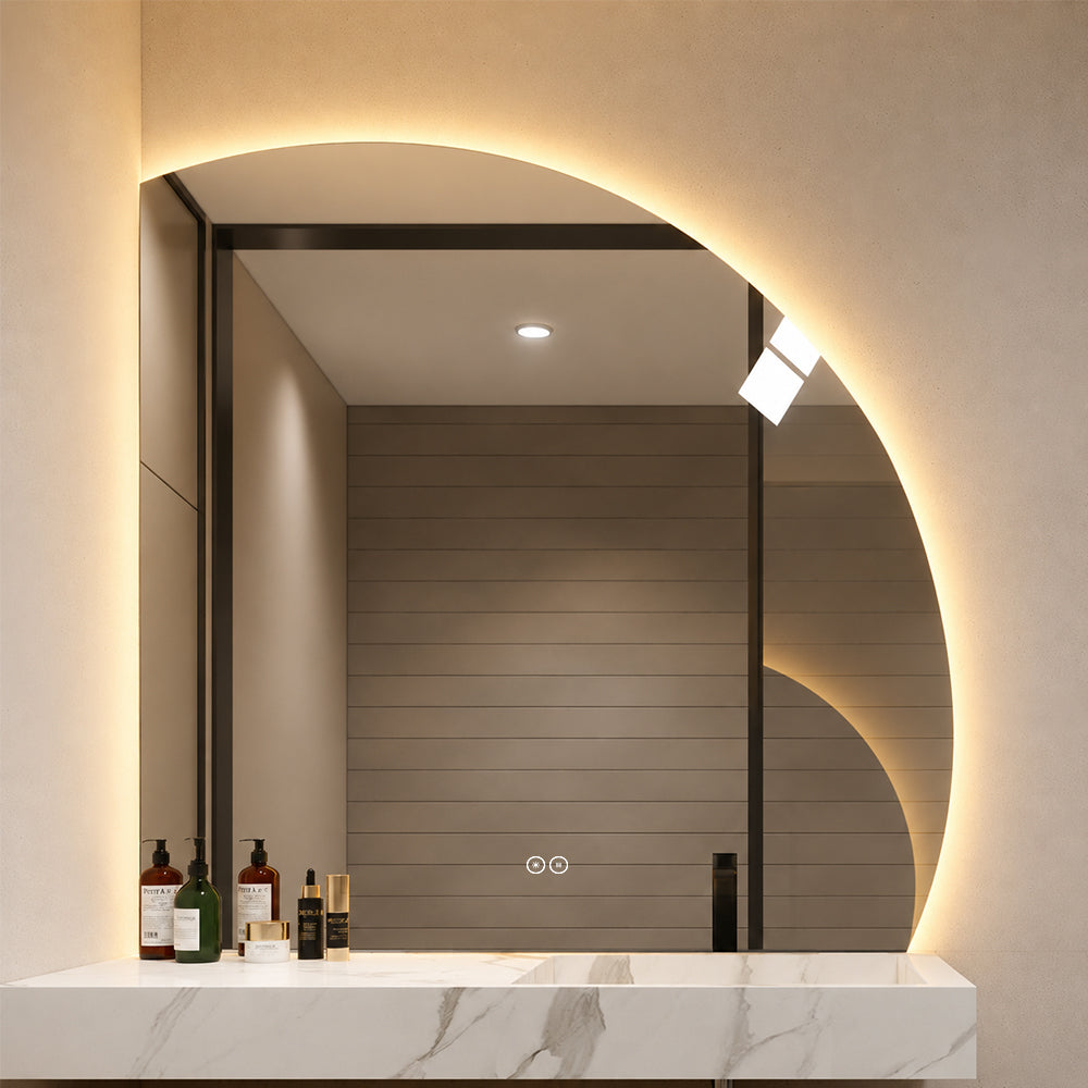 1/4 Rund spejl med LED-lys og Antidug 100x100 cm (Højrevendt)