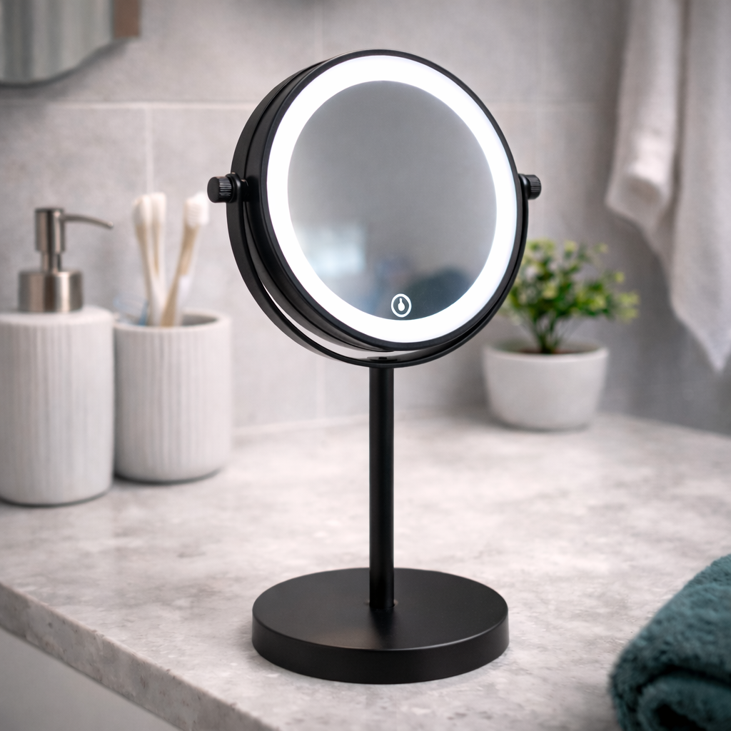 Makeup Spejl m/Forstørrelse X5 og X10 og LED-lys til Bord - Sort