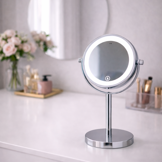 Makeup Spejl m/Forstørrelse X5 og X10 og LED-lys til Bord - Krom