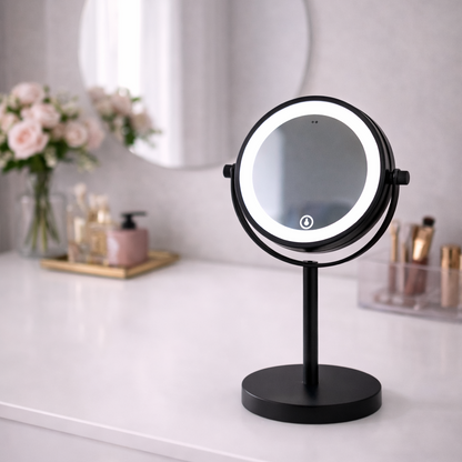 Makeup Spejl m/Forstørrelse X5 og X10 og LED-lys til Bord - Sort
