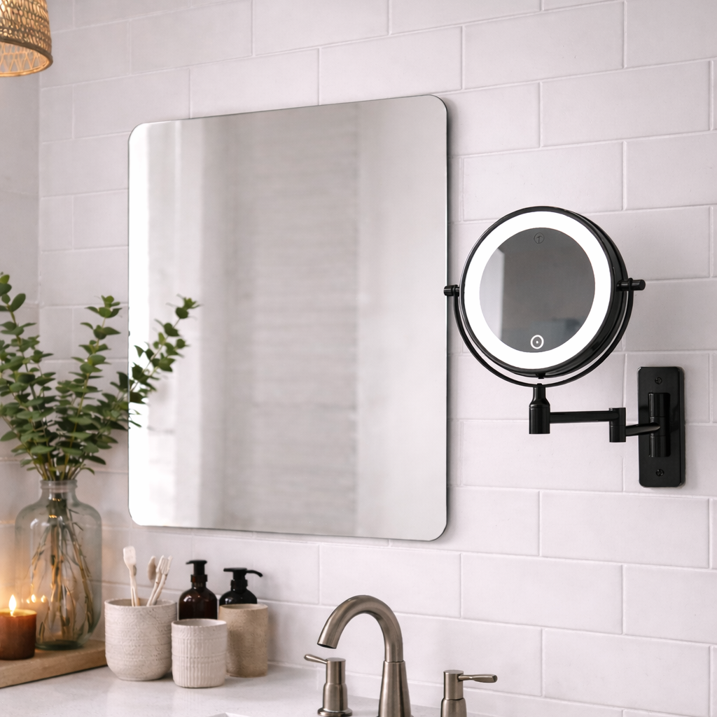 Makeup Spejl m/X5 og X10 Forstørrelse og LED-lys til Væg - Sort
