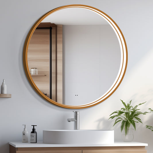 Rundt Spejl med LED-lys i Ramme og Antidug Ø100, Guld Ramme