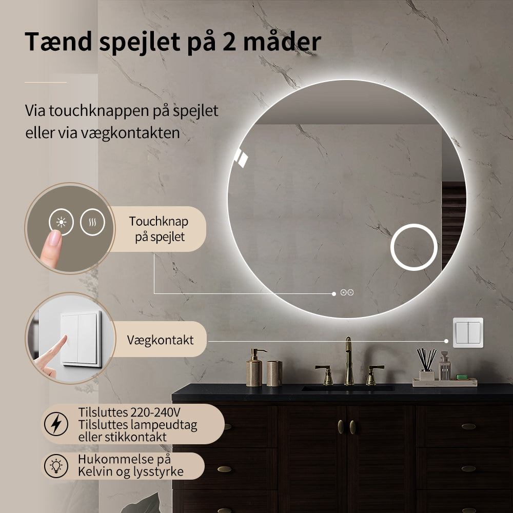 Rundt spejl med LED-lys og Antidug Ø100 cm m/makeup spejl