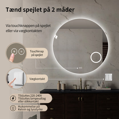 Rundt spejl med LED-lys og Antidug Ø100 cm m/makeup spejl