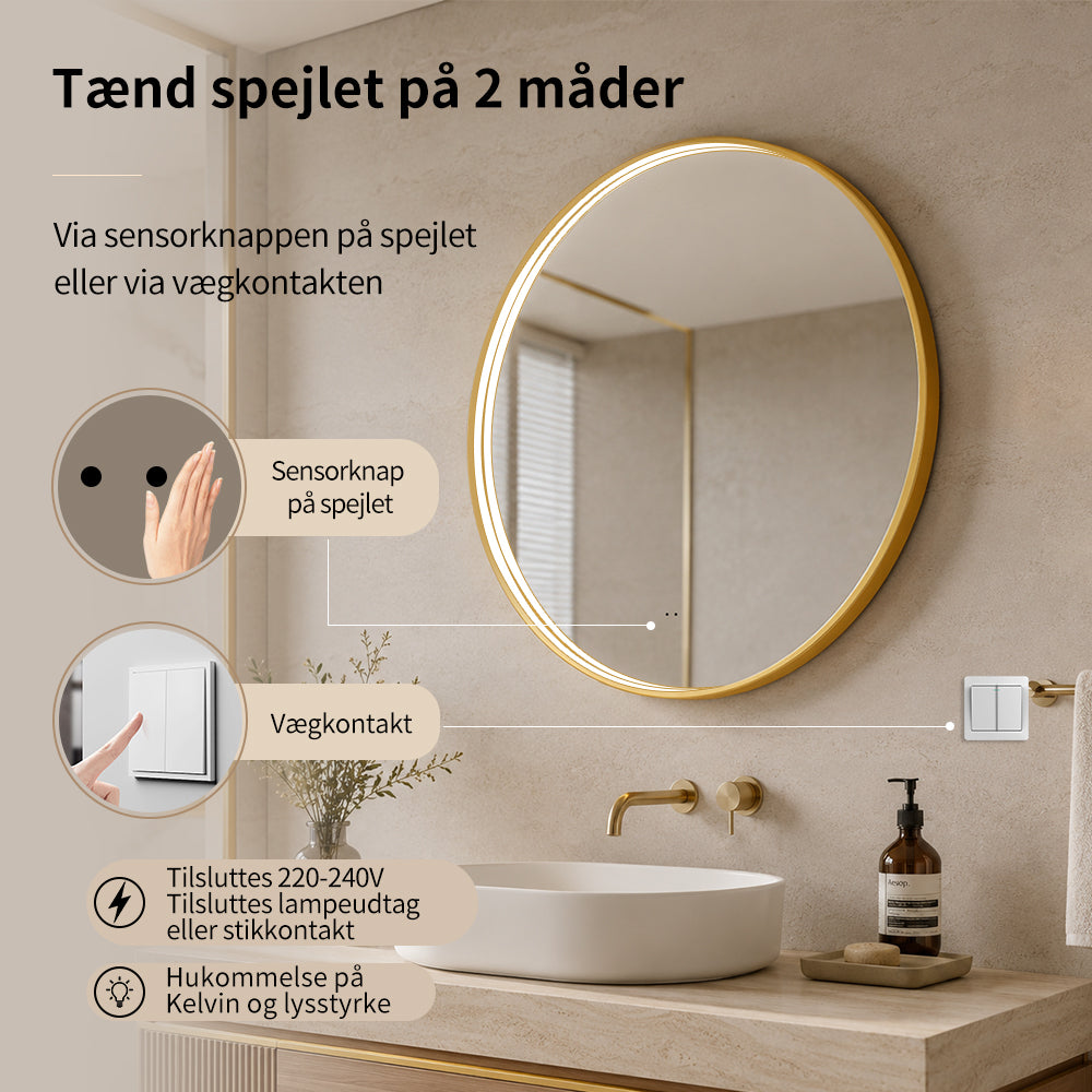 Rundt Spejl med LED-lys i Ramme og Antidug Ø60, Guld Ramme