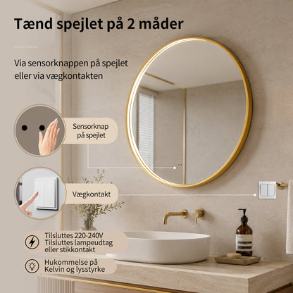 Rundt Spejl med LED-lys i Ramme og Antidug Ø60, Guld Ramme