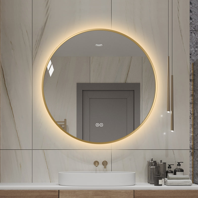 Rundt spejl med LED-lys og Antidug Ø70 cm m/guld ramme