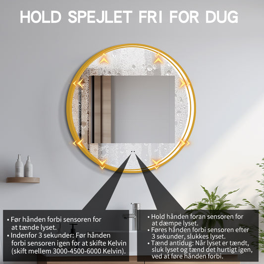 Rundt Spejl med LED-lys i Ramme og Antidug Ø80, Guld Ramme