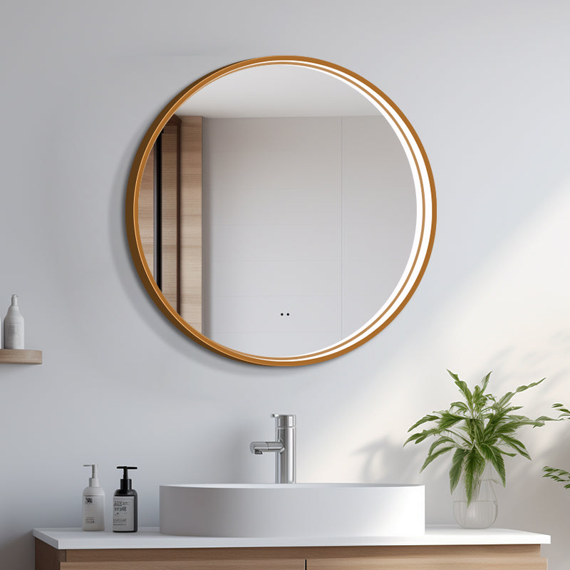Rundt Spejl med LED-lys i Ramme og Antidug Ø80, Guld Ramme