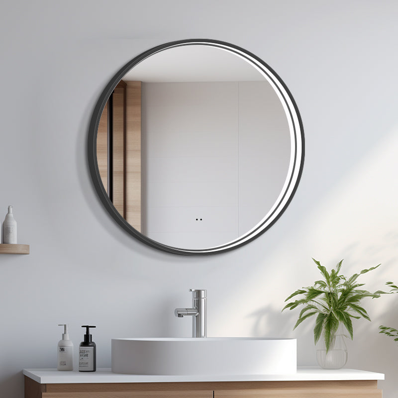Rundt Spejl med LED-lys i Ramme og Antidug Ø80, Sort Ramme