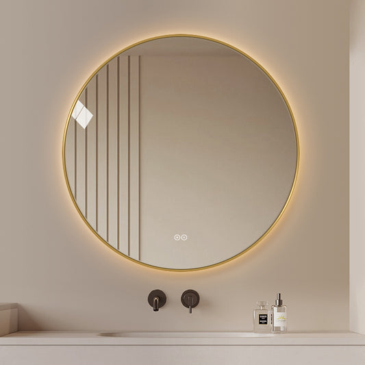 Rundt spejl med LED-lys og Antidug Ø80 cm m/guld ramme