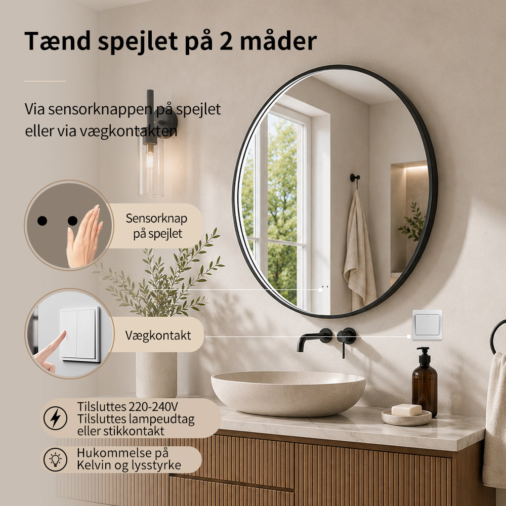 Rundt Spejl med LED-lys i Ramme og Antidug Ø90, Sort Ramme