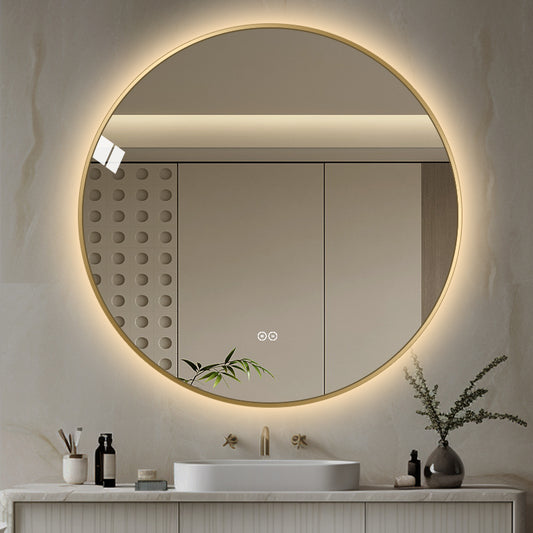 Rundt spejl med LED-lys og Antidug Ø90 cm m/guld ramme