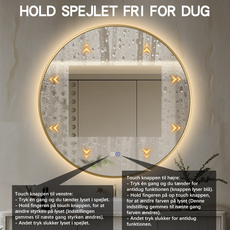Rundt spejl med LED-lys og Antidug Ø90 cm m/guld ramme
