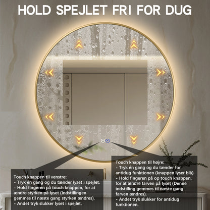 Rundt spejl med LED-lys og Antidug Ø90 cm m/guld ramme