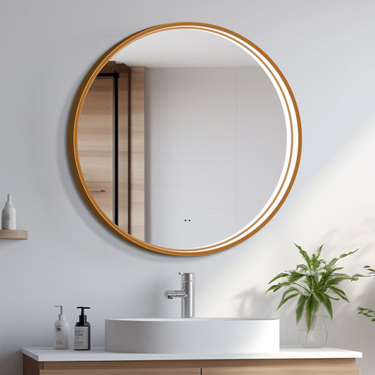 Rundt Spejl med LED-lys i Ramme og Antidug Ø90, Guld Ramme