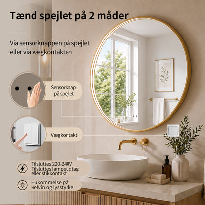 Rundt Spejl med LED-lys i Ramme og Antidug Ø90, Guld Ramme