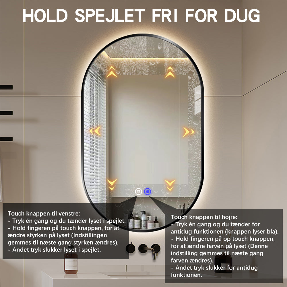 Oval spejl til badeværelset 50x80 cm med sort ramme, LED-lys og antidg varme funktion