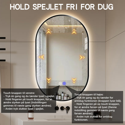 Oval spejl til badeværelset 50x80 cm med sort ramme, LED-lys og antidg varme funktion